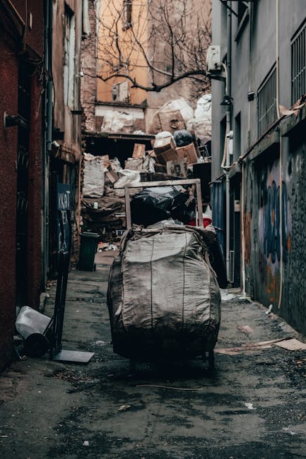 A narrow urban alleyway filled with a large collection of mixed waste and rubbish. In the foreground, a grey, weathered shopping trolley is loaded with black and white bags of waste, with some loose debris scattered around its base. Behind the trolley, stacks of cardboard boxes, plastic bags, and other discarded materials are piled against a backdrop of leafless trees and brick buildings. The alley is flanked on both sides by tall, graffiti-covered walls, with one side showing dark metal shutters and the other a metallic fence panel. The environment appears grim and cluttered, with natural light filtering through the narrow gap between buildings, highlighting the variety of textures from rough concrete pavement to the crumpled, torn packaging. This scene relates to private waste collection or rubbish removal services, such as those provided by Waste Clearance Merton, as an example of the kind of debris managed during on-site clearance or alternative waste handling outside of local authority collection. The overall impression emphasizes the importance of professional rubbish removal in urban environments where accumulated waste can disrupt cleanliness and safety.
